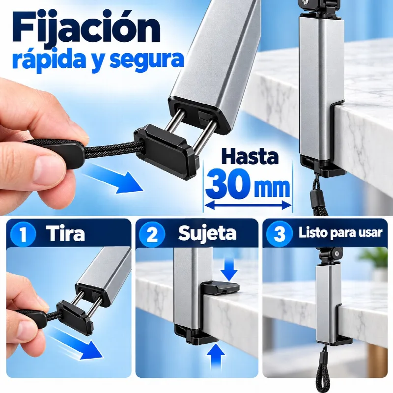 Fijaci&oacute;n r&aacute;pida y segura del soporte con pinza de hasta 30 mm