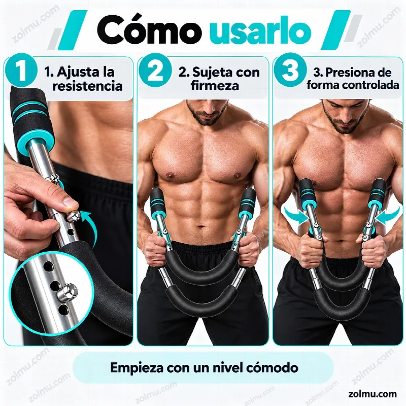 C&oacute;mo usar el entrenador de brazos en tres pasos: ajustar, sujetar y presionar