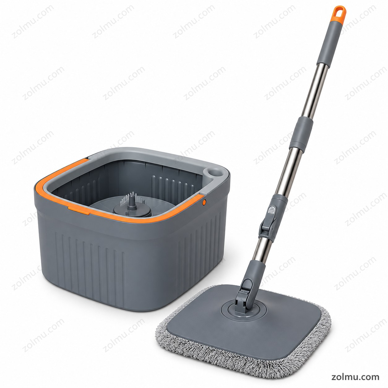 Mopa cuadrada autoescurrible con cubo y dos paños de microfibra, sobre fondo blanco