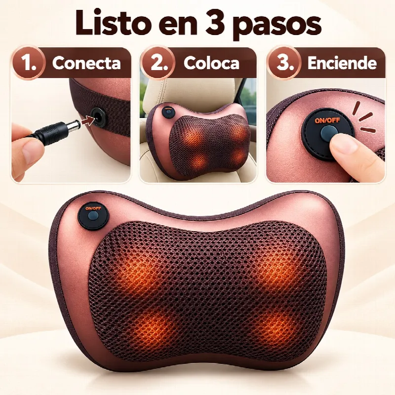 C&oacute;mo usar la almohada de masaje en tres pasos: conectar, colocar y encender