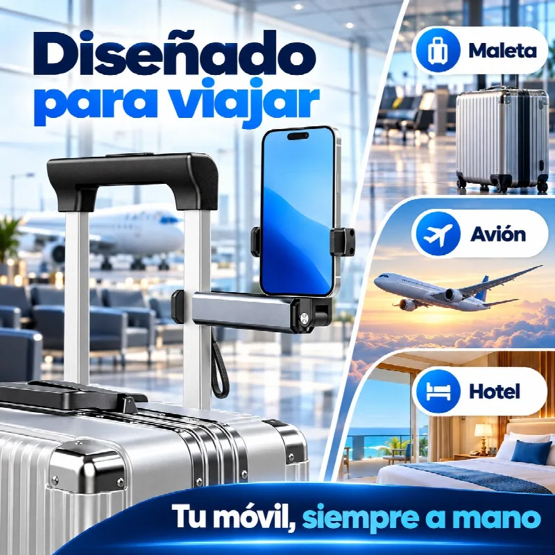 Soporte de m&oacute;vil dise&ntilde;ado para viajar: maleta, avi&oacute;n y hotel