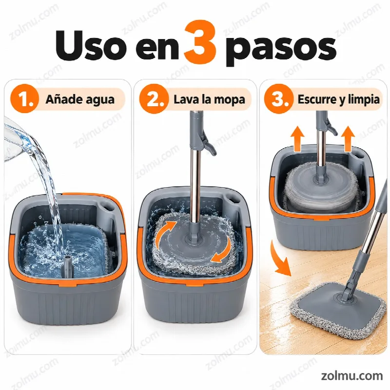 Uso de la mopa en tres pasos: añadir agua, lavar la mopa y escurrir
