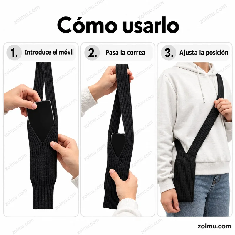 C&oacute;mo usar la bandolera en tres pasos: meter el m&oacute;vil, pasar la correa y ajustar la posici&oacute;n