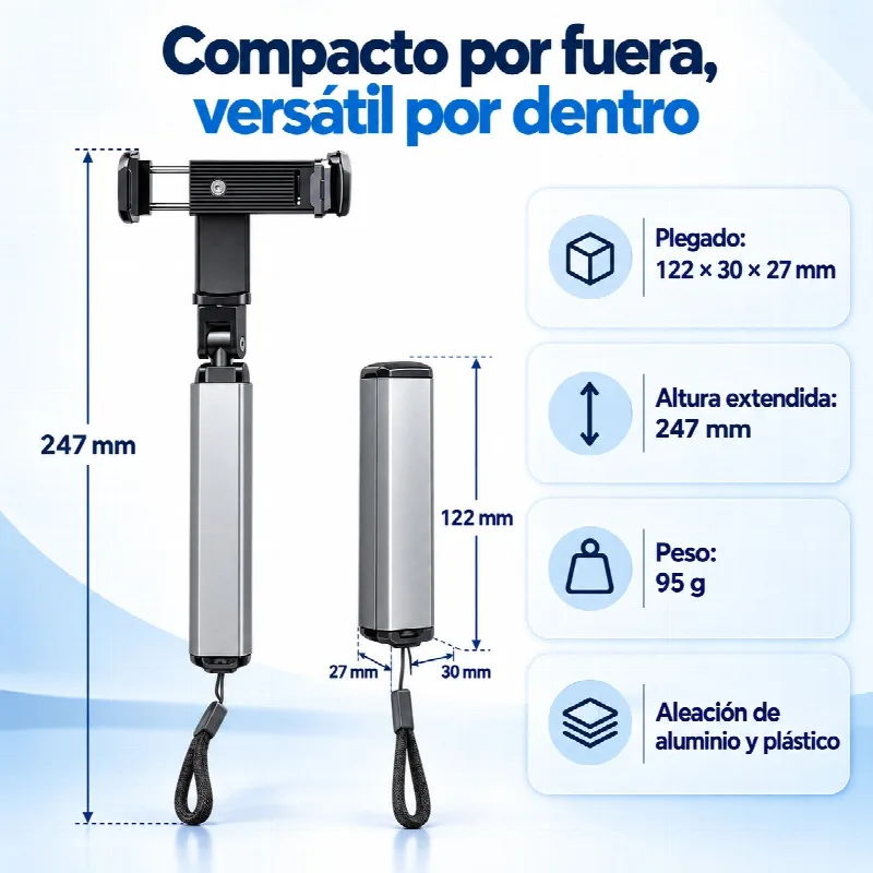 Medidas del soporte: 120 &times; 52 &times; 27 mm plegado, 247 mm extendido y 95 g de peso