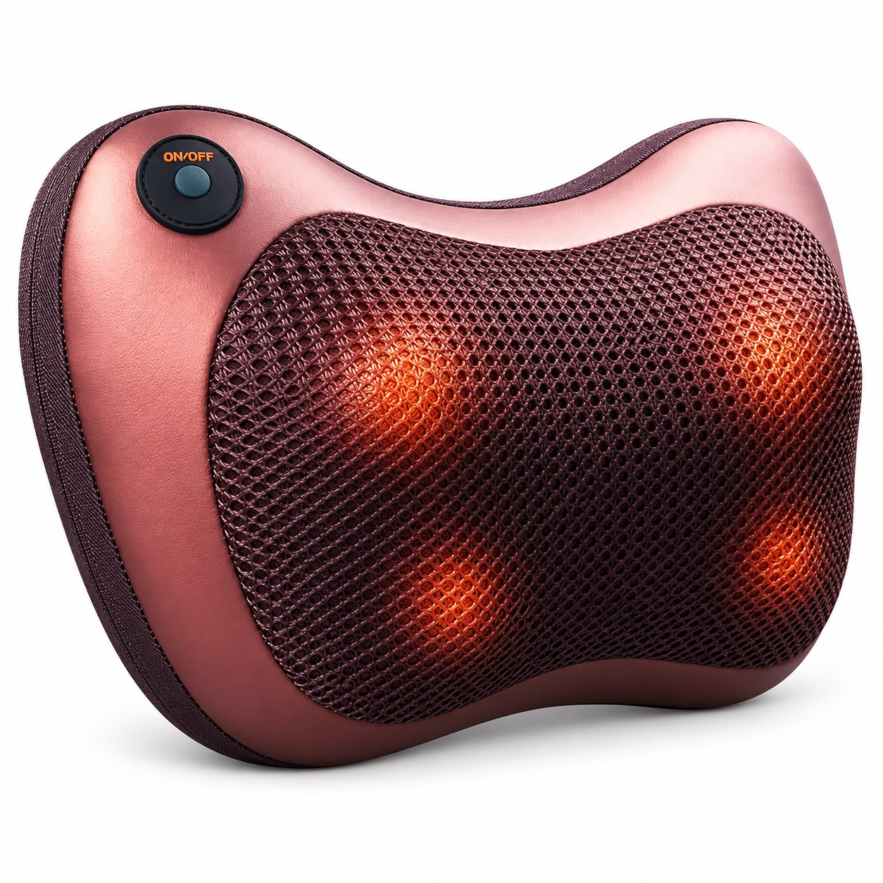Almohada de masaje Shiatsu rosa con cuatro nodos rodantes iluminados y botón de encendido, sobre fondo blanco