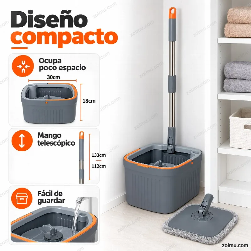 Diseño compacto de la mopa con mango telescópico, ocupa poco espacio