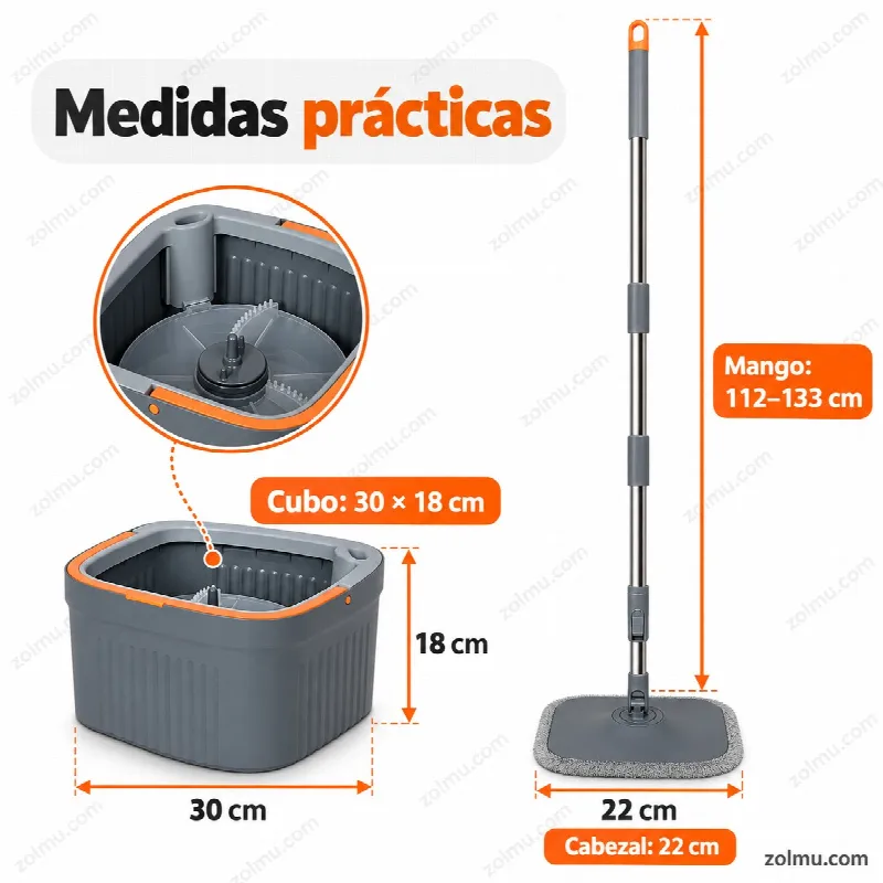 Medidas de la mopa: mango de 112 a 131 cm, cubo de 30 × 14 cm y base de 22 cm